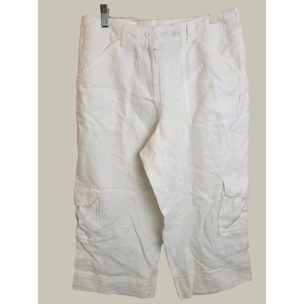 Chico's 100% Linen Cargo Crop Pants Coastal Boho Summer White Sz 1  (Medium)